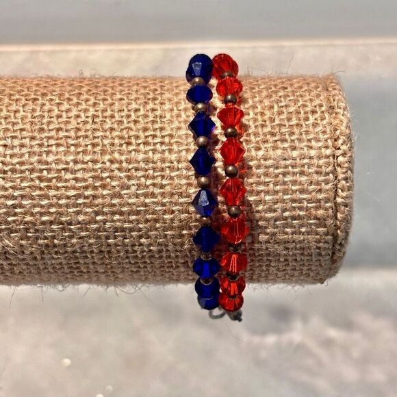 Lot Of 2 Crystal Sterling Silver Chain Adjustable Beaded Bracelet Blue Orange OS - Picture 2 of 4